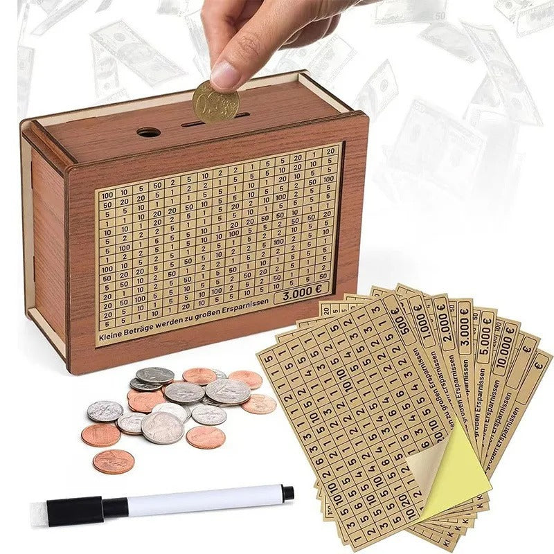 Wooden Piggy Bank with Reusable Money Box with Saving Goal and Numbers Boxes