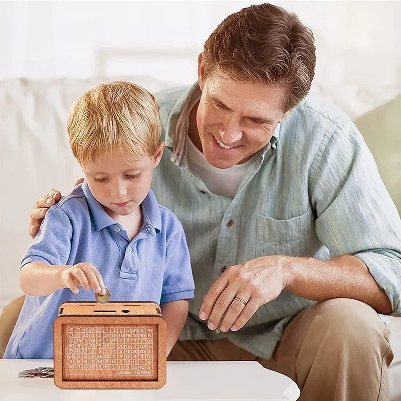 Wooden Piggy Bank with Reusable Money Box with Saving Goal and Numbers Boxes